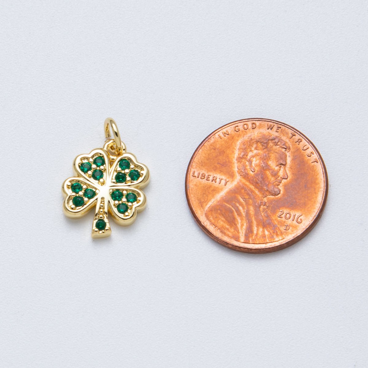 14K Gold Filled 13.5mm Green Micro Paved CZ Lucky Clover Flower Charm | Charms-00042