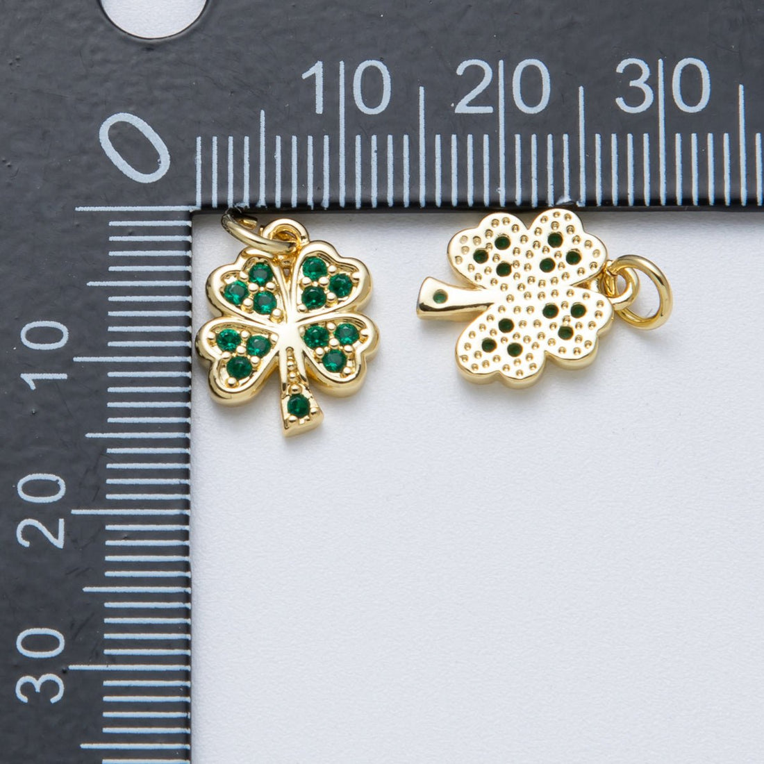 14K Gold Filled 13.5mm Green Micro Paved CZ Lucky Clover Flower Charm | Charms-00042