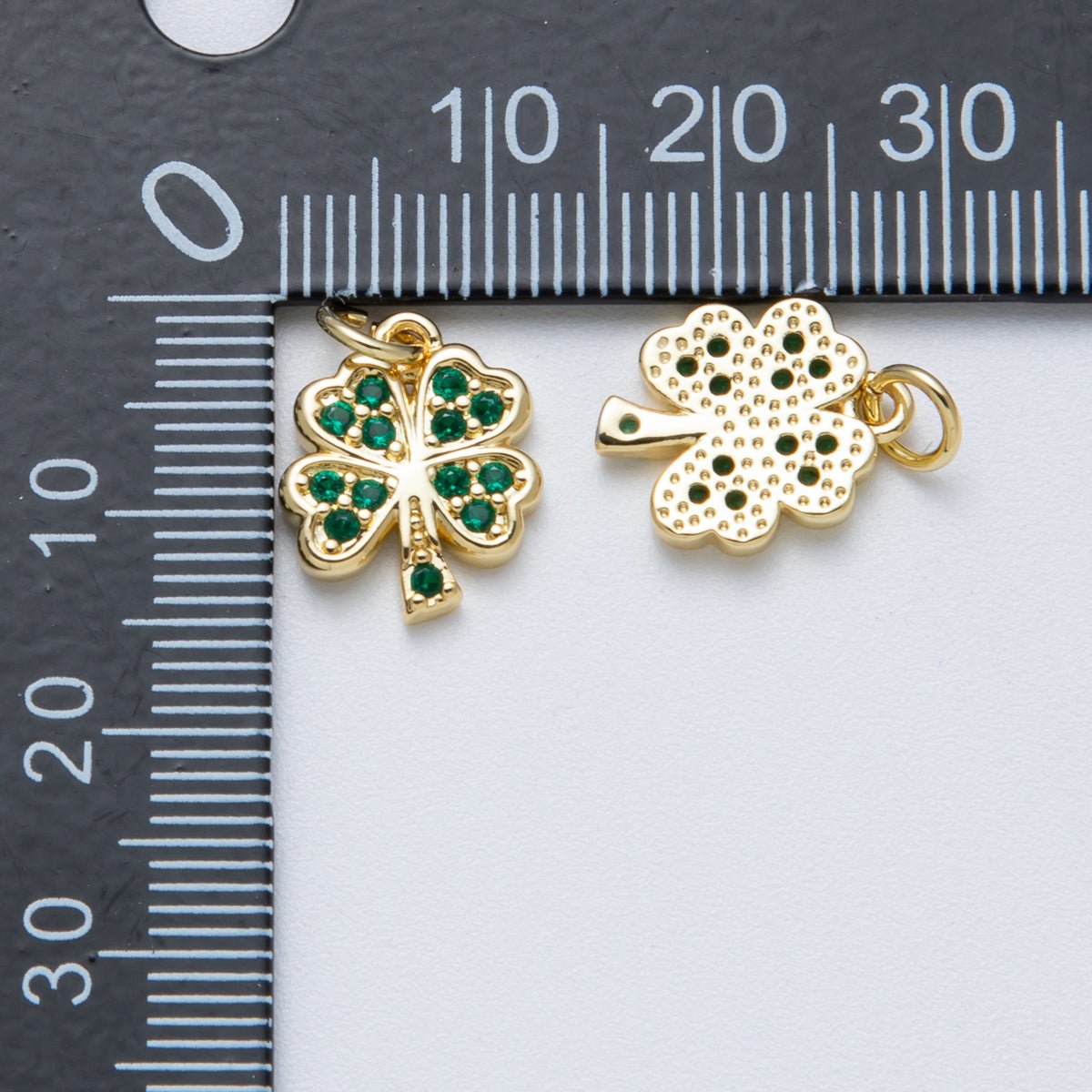 14K Gold Filled 13.5mm Green Micro Paved CZ Lucky Clover Flower Charm | Charms-00042