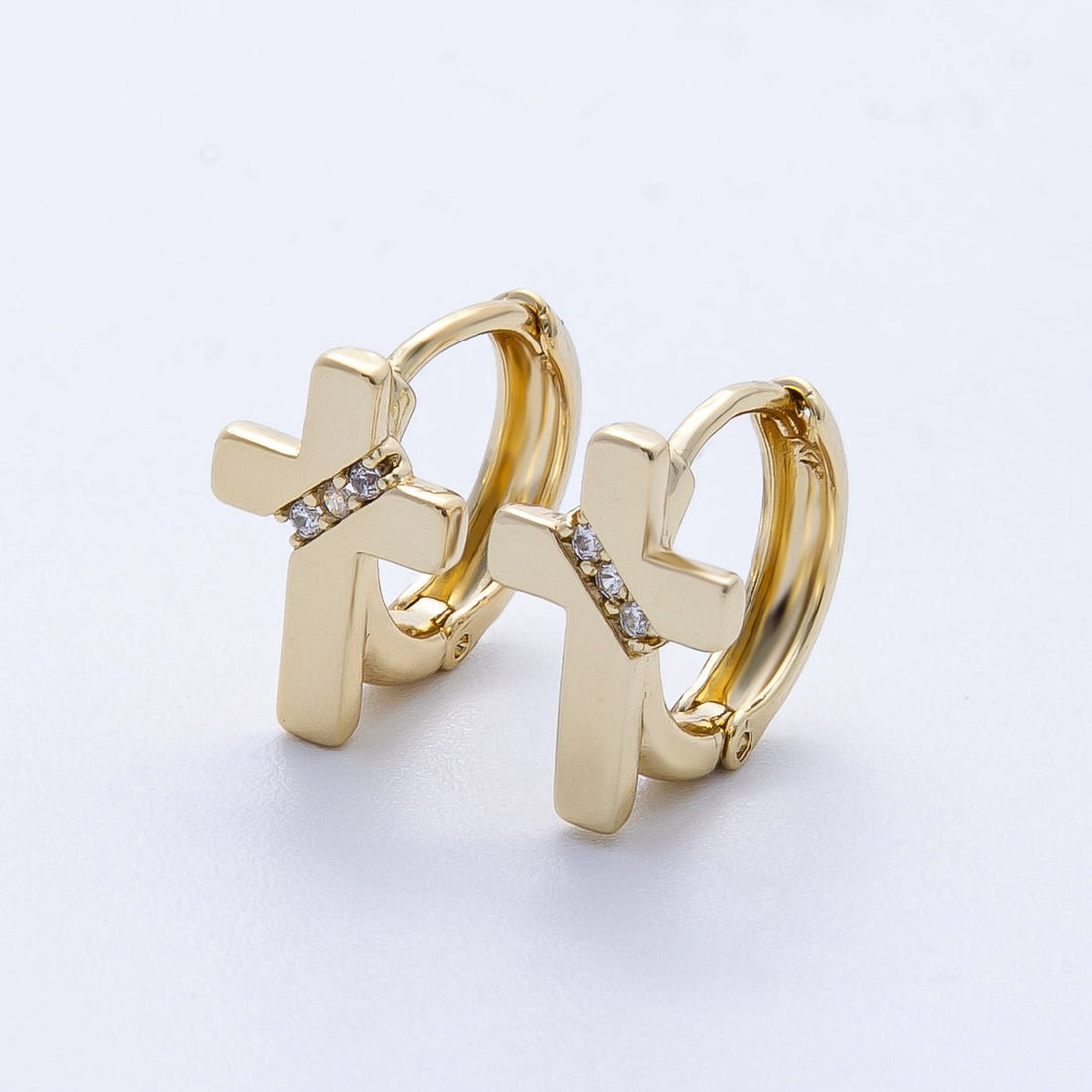14K Gold Filled 13mm Micro Paved CZ Minimalist Cross Cartilage Huggie | Earrings-00258