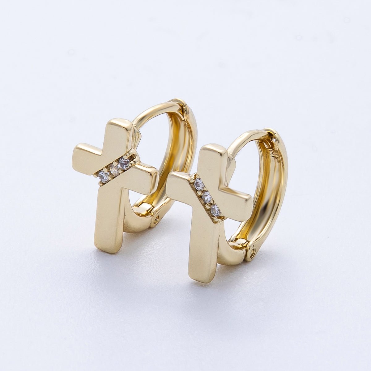 14K Gold Filled 13mm Micro Paved CZ Minimalist Cross Cartilage Huggie | Earrings-00258