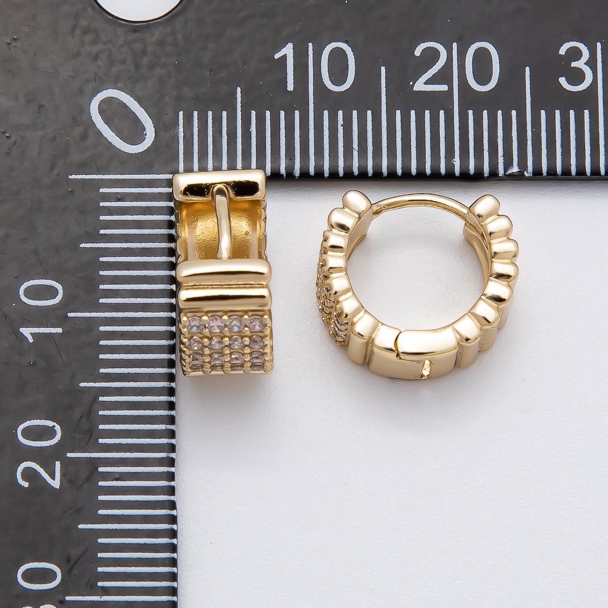 14K Gold Filled 13.5mm Micro Paved CZ Ribbed Rows Geometric Huggie | Earrings-00263