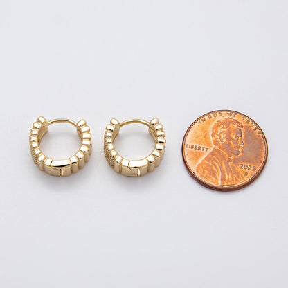 14K Gold Filled 13.5mm Micro Paved CZ Ribbed Rows Geometric Huggie | Earrings-00263
