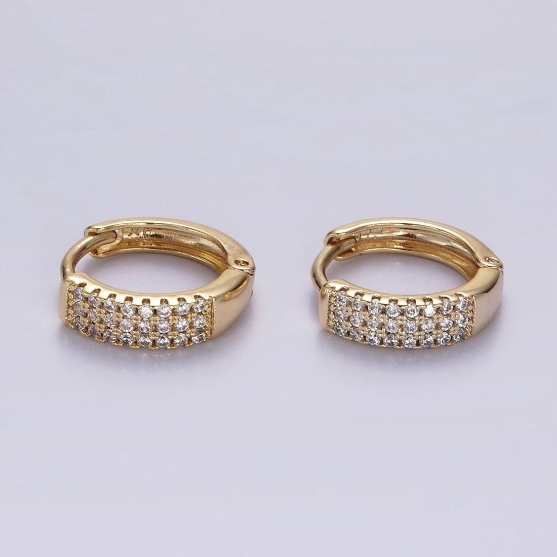 14K Gold Filled 13mm Clear CZ Triple Lined Micro Paved Huggie Earrings | V044