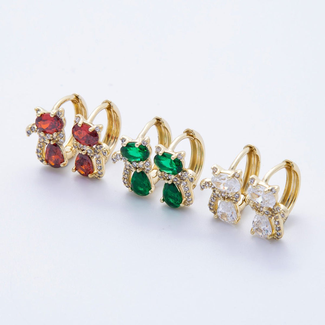 14K Gold Filled 13mm Clear, Green, Red CZ Micro Paved Cat Kitten Pet Huggie Set | Earrings-00189 ~ Earrings-00191