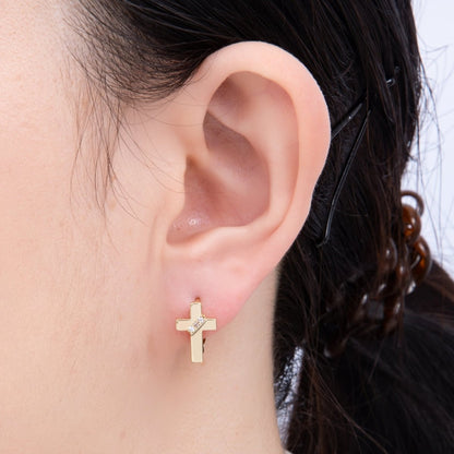 14K Gold Filled 13mm Micro Paved CZ Minimalist Cross Cartilage Huggie | Earrings-00258