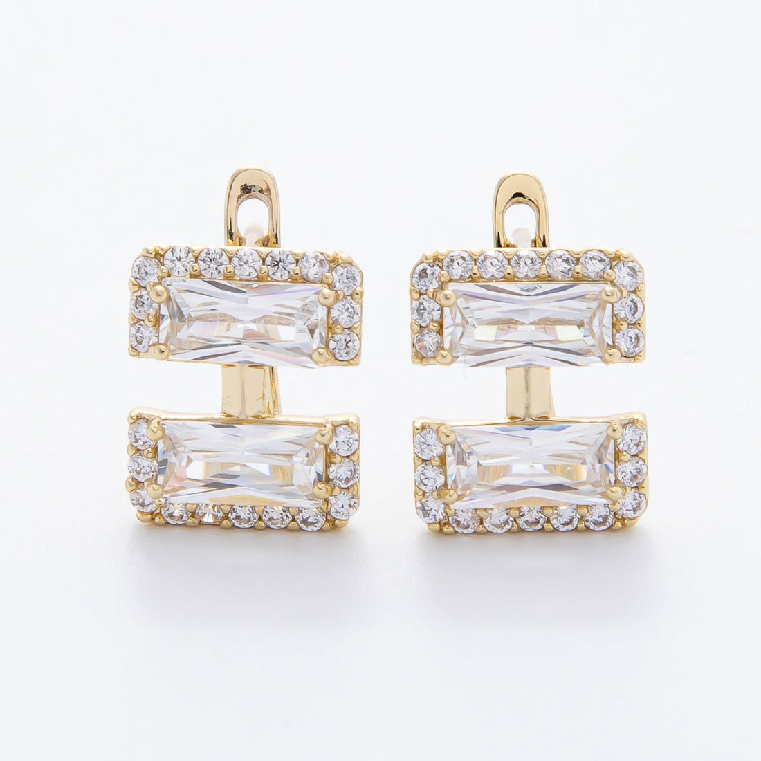14K Gold Filled 14mm Clear Baguette Micro Paved CZ English Lock Hoops Earrings | AJ243