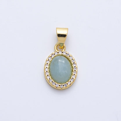 14K Gold Filled 14mm Micro Paved CZ Blue Agate Cabochon Oval Pendant | Charms-00322