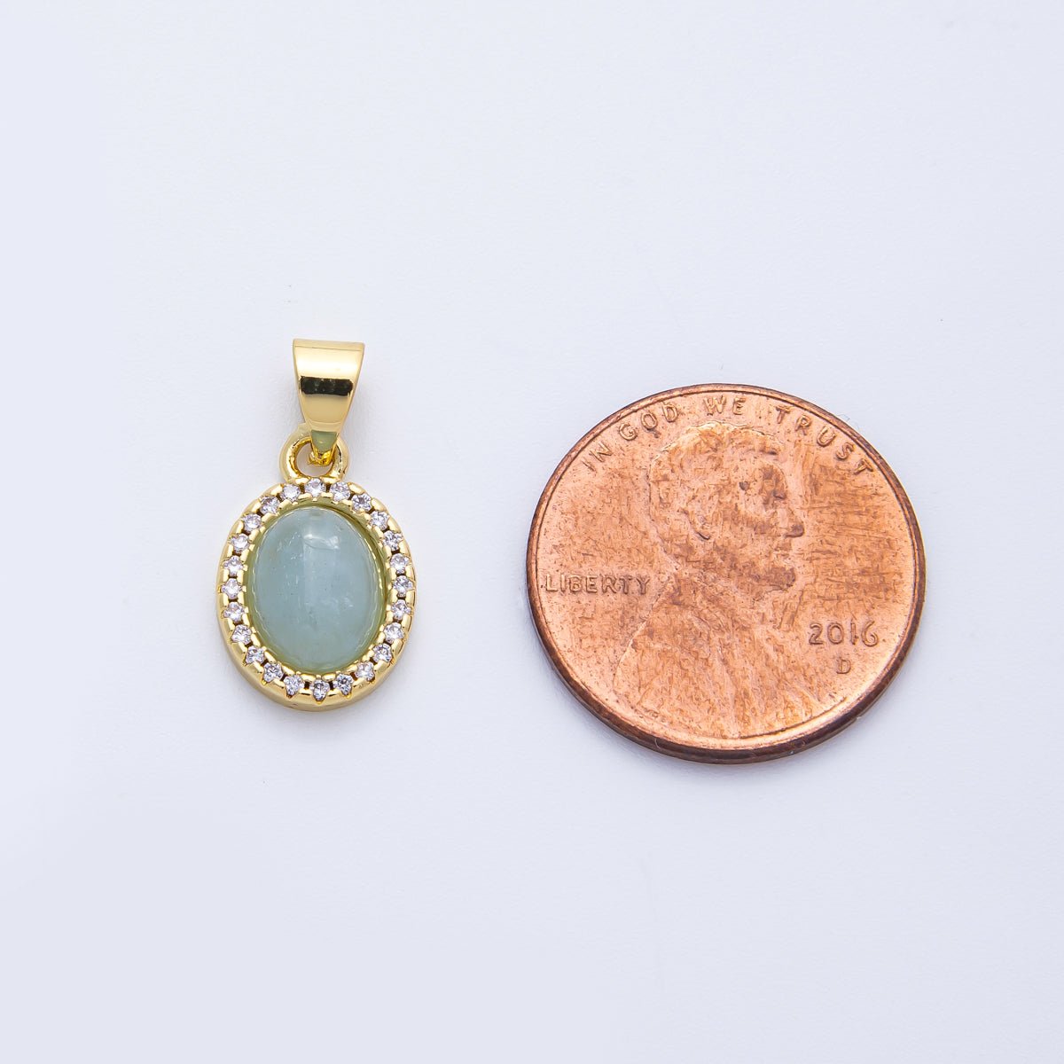 14K Gold Filled 14mm Micro Paved CZ Blue Agate Cabochon Oval Pendant | Charms-00322