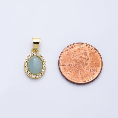 14K Gold Filled 14mm Micro Paved CZ Blue Agate Cabochon Oval Pendant | Charms-00322