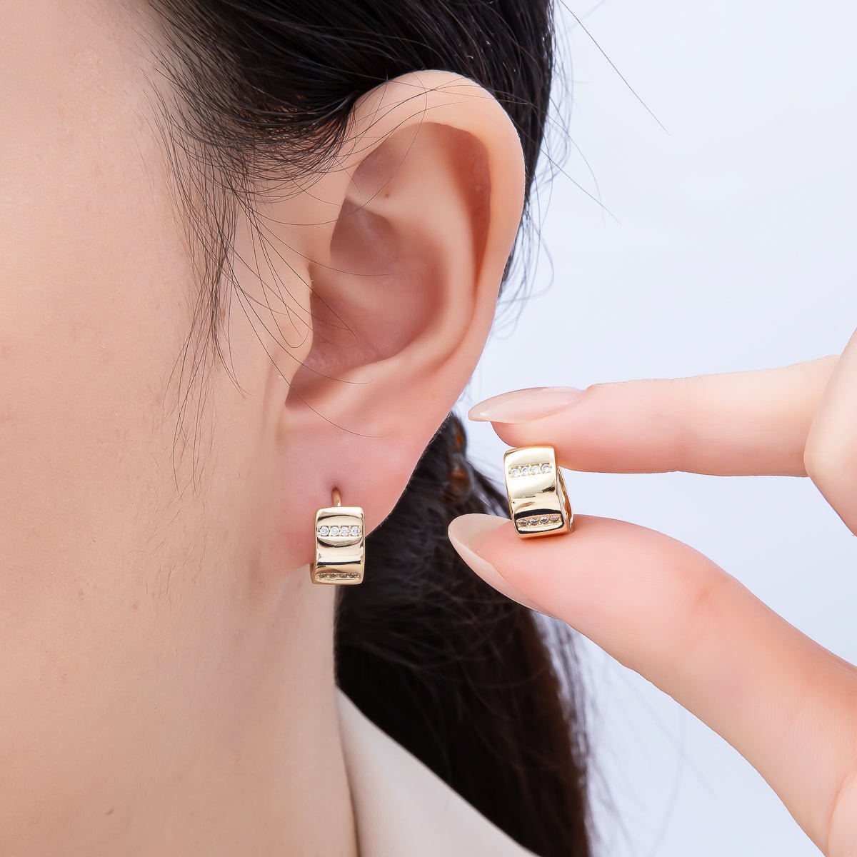 14K Gold Filled 14mm Micro Paved CZ Linear Huggie Earrings | Earrings-00355