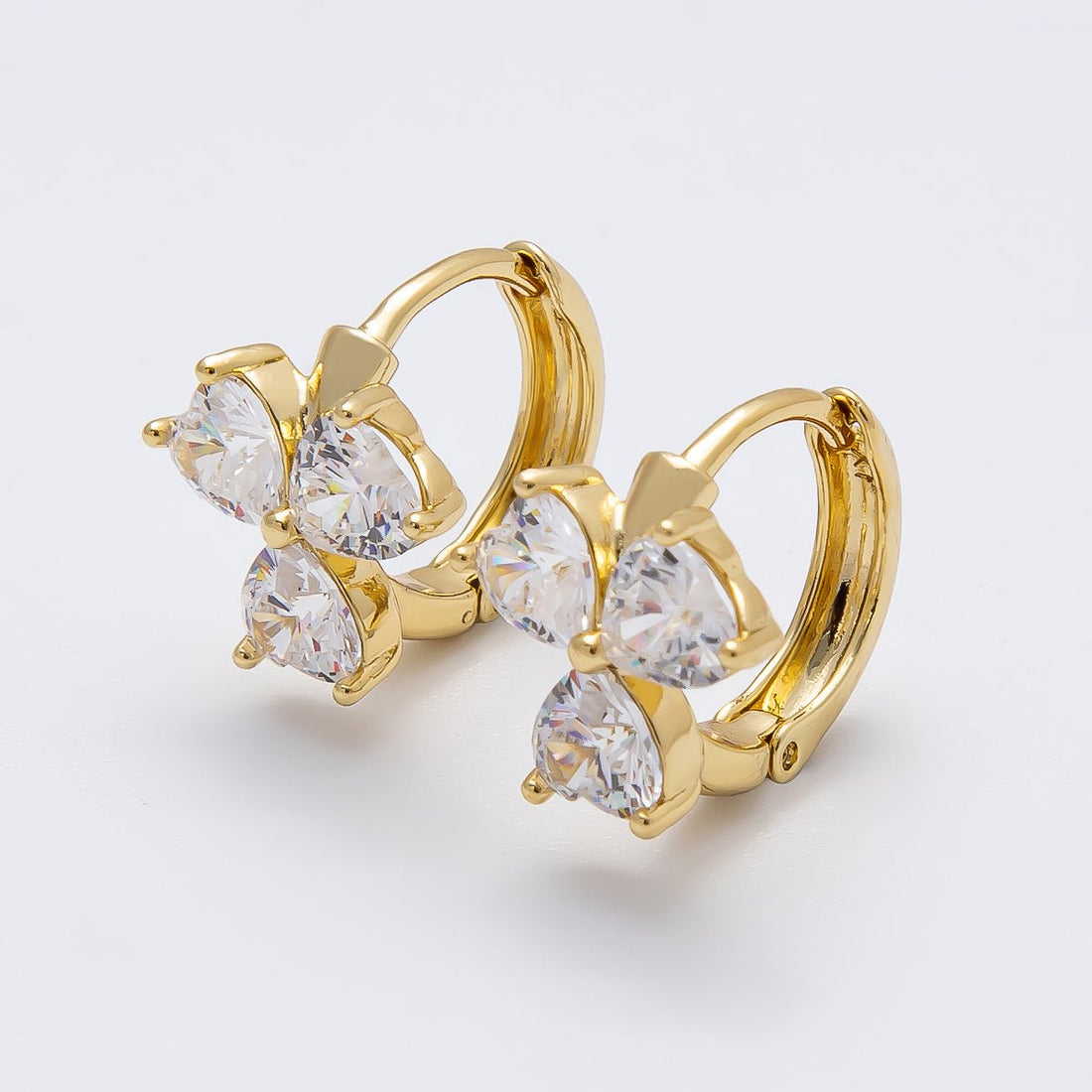14K Gold Filled 15.5mm Clear CZ Clover Flower Huggie Earrings | Earrings-00269