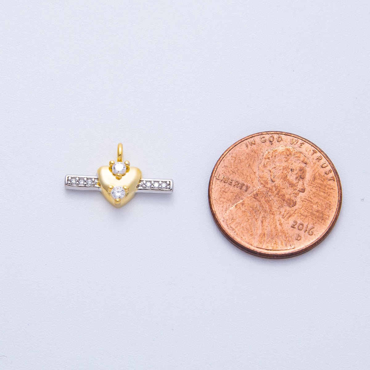 14K Gold Filled 15.5mm Micro Paved CZ Heart Bar Mini Mixed Metal Charm | Charms-00044