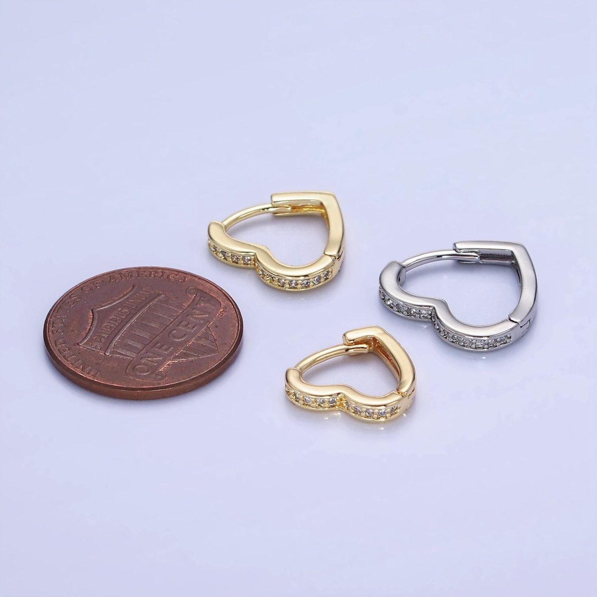 14K Gold Filled 15mm, 14mm Micro Paved CZ Heart Huggie Earrings in Gold &amp; Silver | AB1355 - AB1357