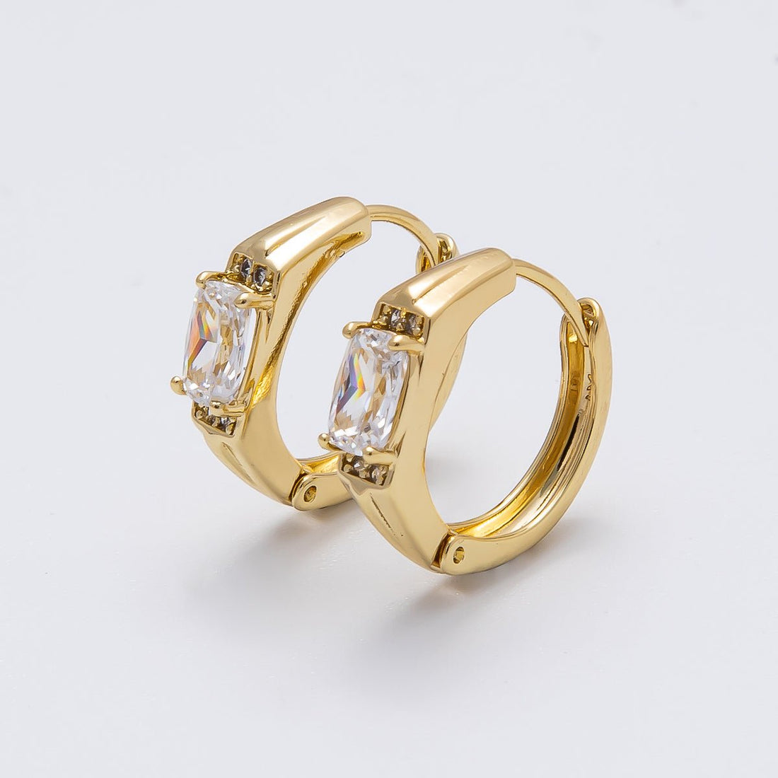 14K Gold Filled 15mm Baguette Micro Paved Cartilage Hexagon Huggie Earrings | Earrings-00271