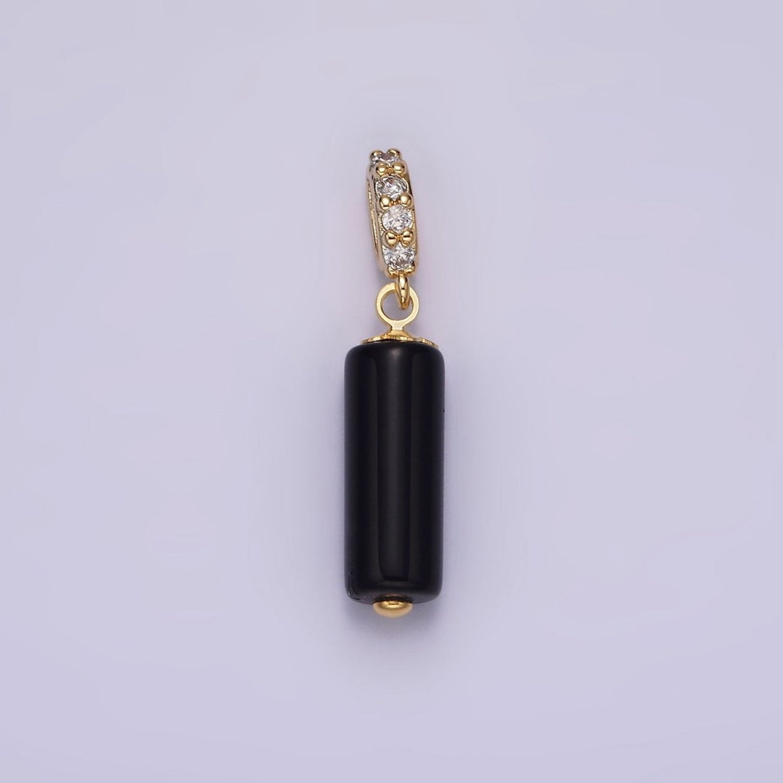 14K Gold Filled 15mm Black Onyx Gemstone Tube Clear Micro Paved CZ Bail Pendant | N1866