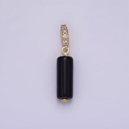 14K Gold Filled 15mm Black Onyx Gemstone Tube Clear Micro Paved CZ Bail Pendant | N1866