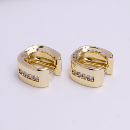14K Gold Filled 15mm Clear CZ Lined Curve-Edged Wide Square Huggie Hoop Earrings | AD-459