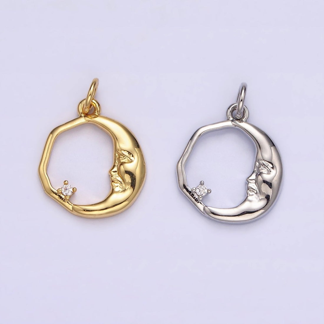 14K Gold Filled 15mm Clear CZ Open Crescent Moon Face Abstract Round Charm in Gold &amp; Silver | N1114 N1115