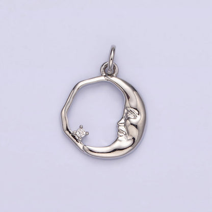 14K Gold Filled 15mm Clear CZ Open Crescent Moon Face Abstract Round Charm in Gold &amp; Silver | N1114 N1115