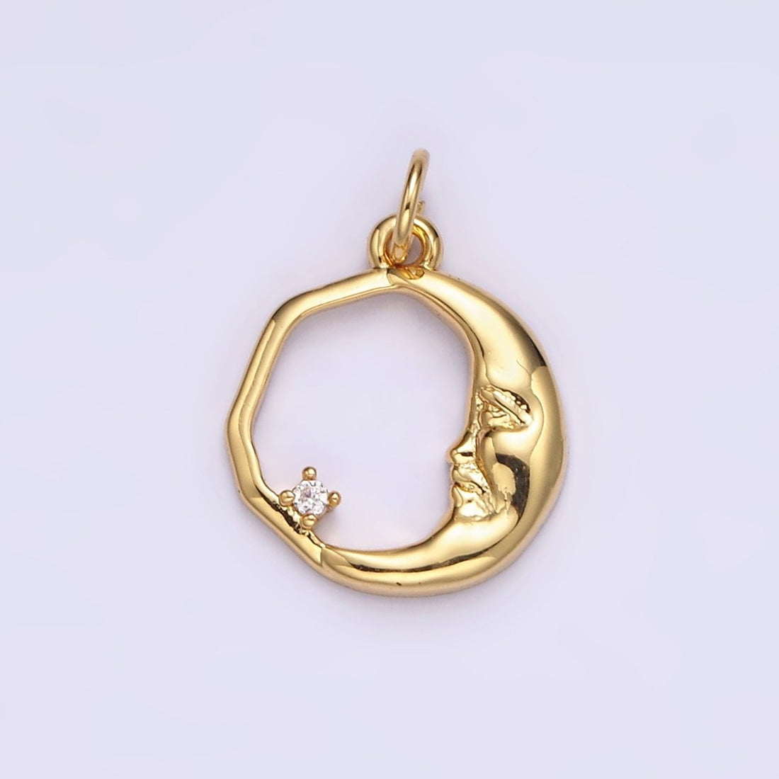 14K Gold Filled 15mm Clear CZ Open Crescent Moon Face Abstract Round Charm in Gold &amp; Silver | N1114 N1115