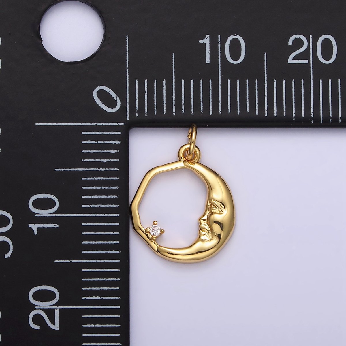 14K Gold Filled 15mm Clear CZ Open Crescent Moon Face Abstract Round Charm in Gold &amp; Silver | N1114 N1115
