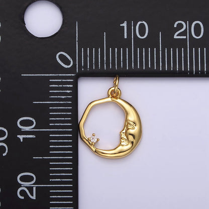 14K Gold Filled 15mm Clear CZ Open Crescent Moon Face Abstract Round Charm in Gold &amp; Silver | N1114 N1115
