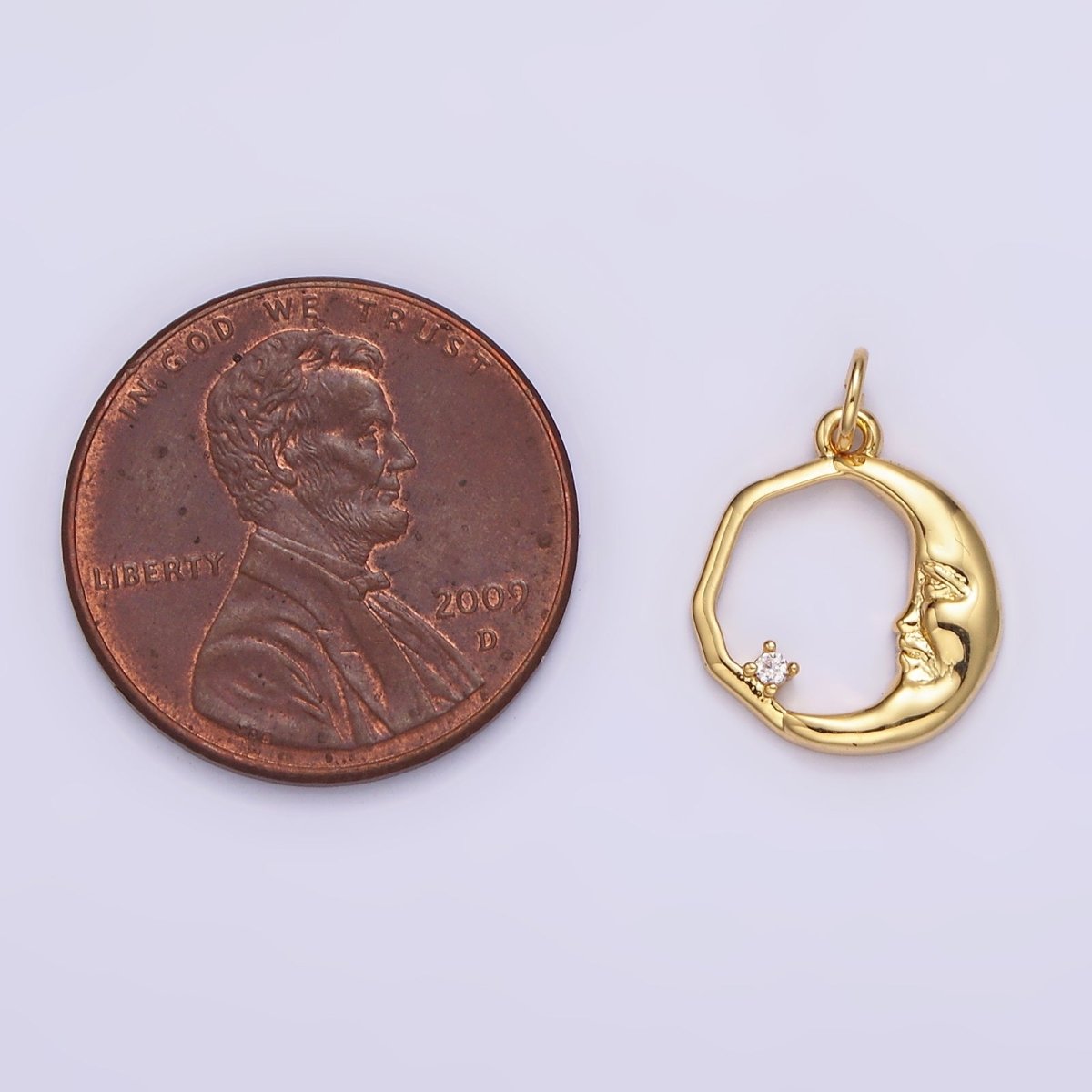 14K Gold Filled 15mm Clear CZ Open Crescent Moon Face Abstract Round Charm in Gold &amp; Silver | N1114 N1115