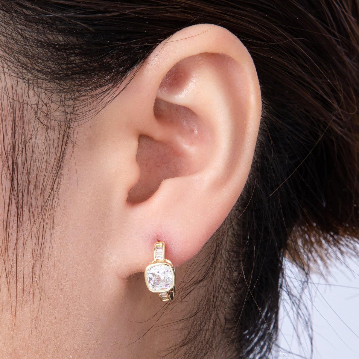 14K Gold Filled 15mm Clear CZ Square Solitaire Baguette Paved Hoop Earrings | Earrings-00148