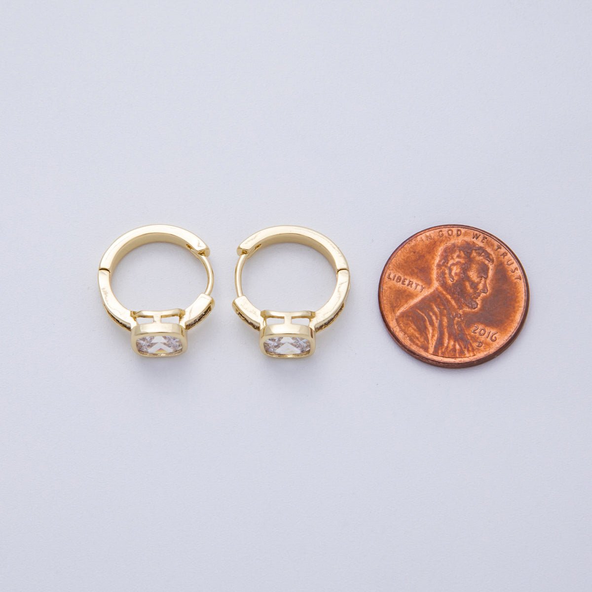 14K Gold Filled 15mm Clear CZ Square Solitaire Baguette Paved Hoop Earrings | Earrings-00148
