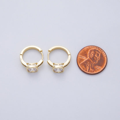 14K Gold Filled 15mm Clear CZ Square Solitaire Baguette Paved Hoop Earrings | Earrings-00148