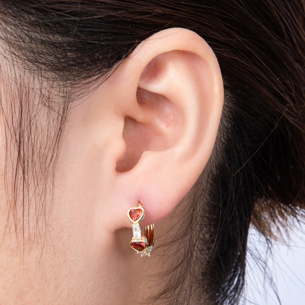 14K Gold Filled 15mm CZ Baguette Red Heart Huggie Earrings | Earrings-00133