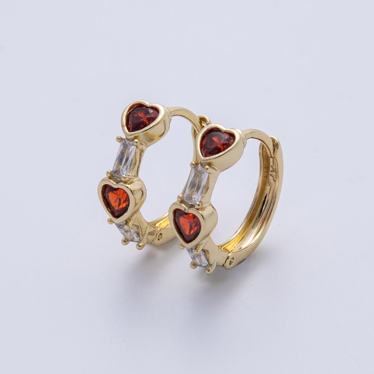 14K Gold Filled 15mm CZ Baguette Red Heart Huggie Earrings | Earrings-00133