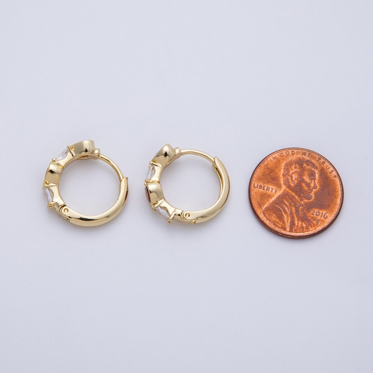 14K Gold Filled 15mm CZ Baguette Red Heart Huggie Earrings | Earrings-00133