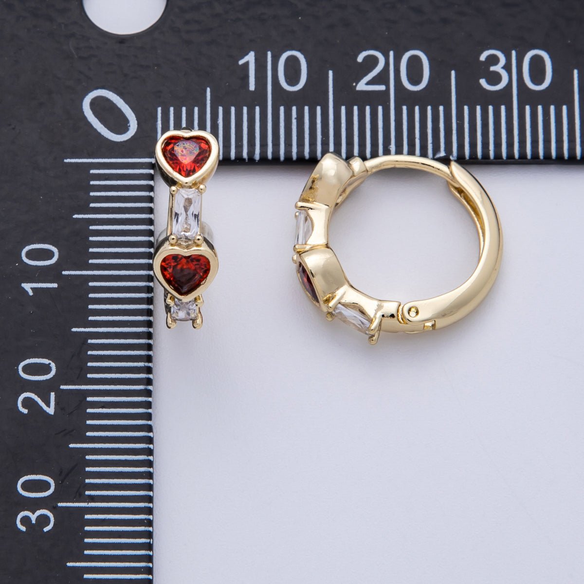 14K Gold Filled 15mm CZ Baguette Red Heart Huggie Earrings | Earrings-00133