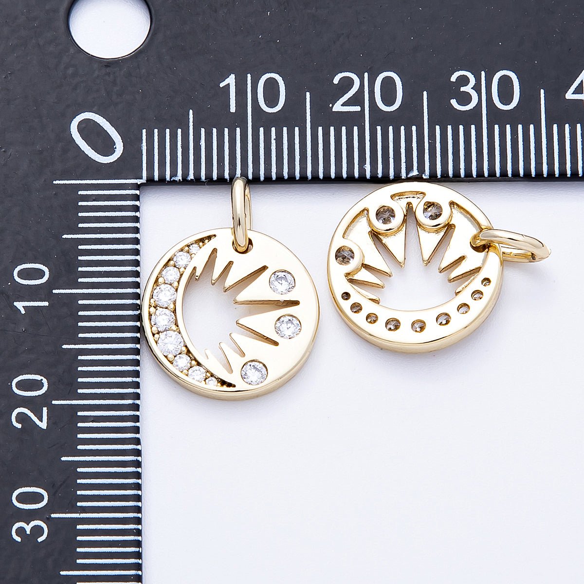 14K Gold Filled 15mm Micro Paved CZ Celestial Moon Sun Round Charm | Charms-000328