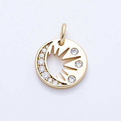 14K Gold Filled 15mm Micro Paved CZ Celestial Moon Sun Round Charm | Charms-000328