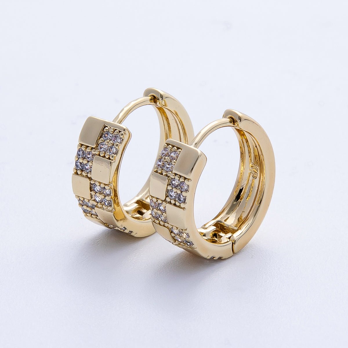 14K Gold Filled 15mm Micro Paved CZ Checkered Huggie | EARRINGS-00249