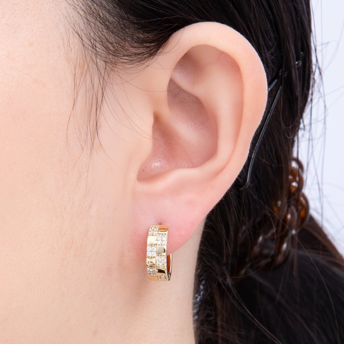 14K Gold Filled 15mm Micro Paved CZ Checkered Huggie | EARRINGS-00249