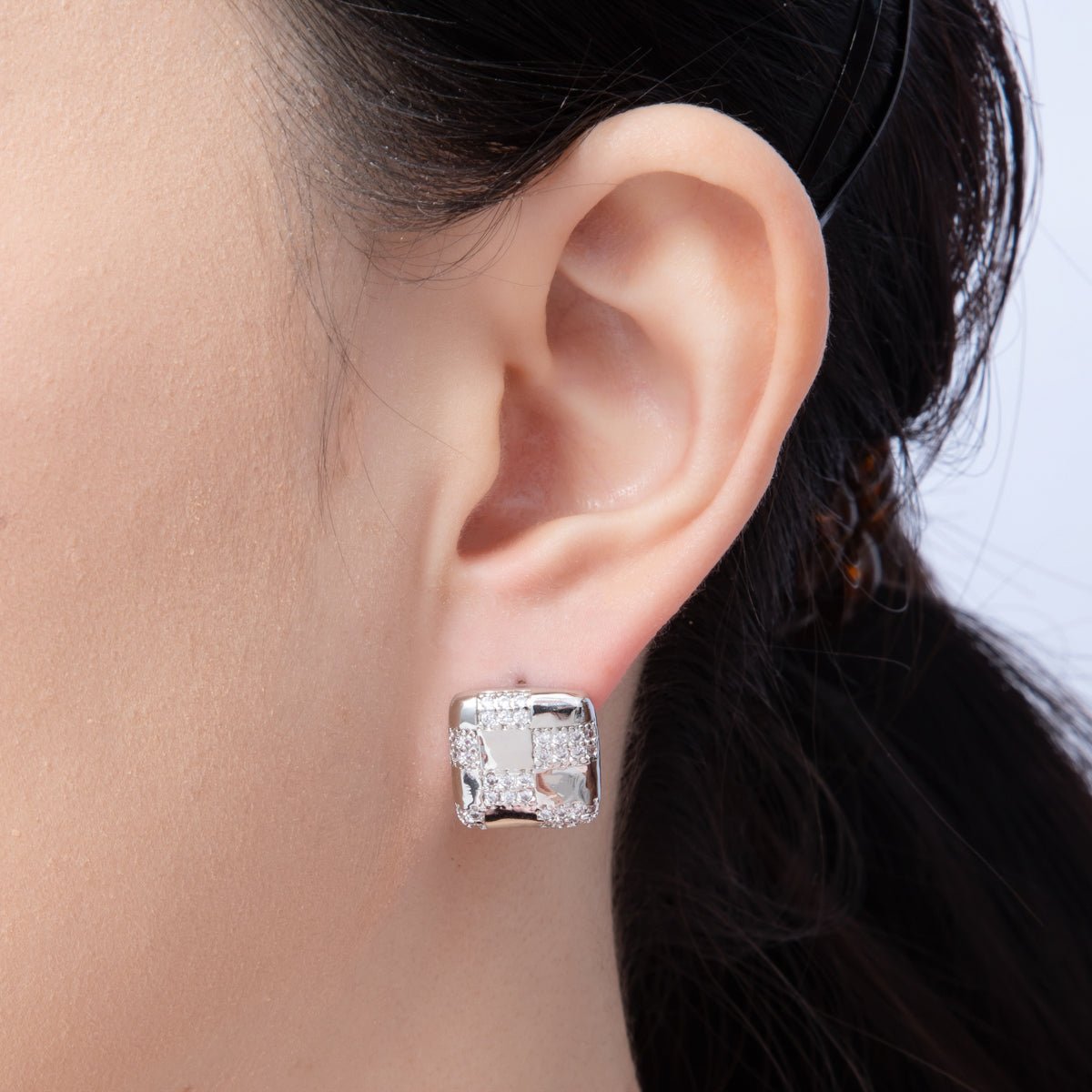 14K Gold Filled 15mm Micro Paved CZ Checkered Square Stud Earrings in Gold &amp; Silver | Earrings-00021 Earrings-00022