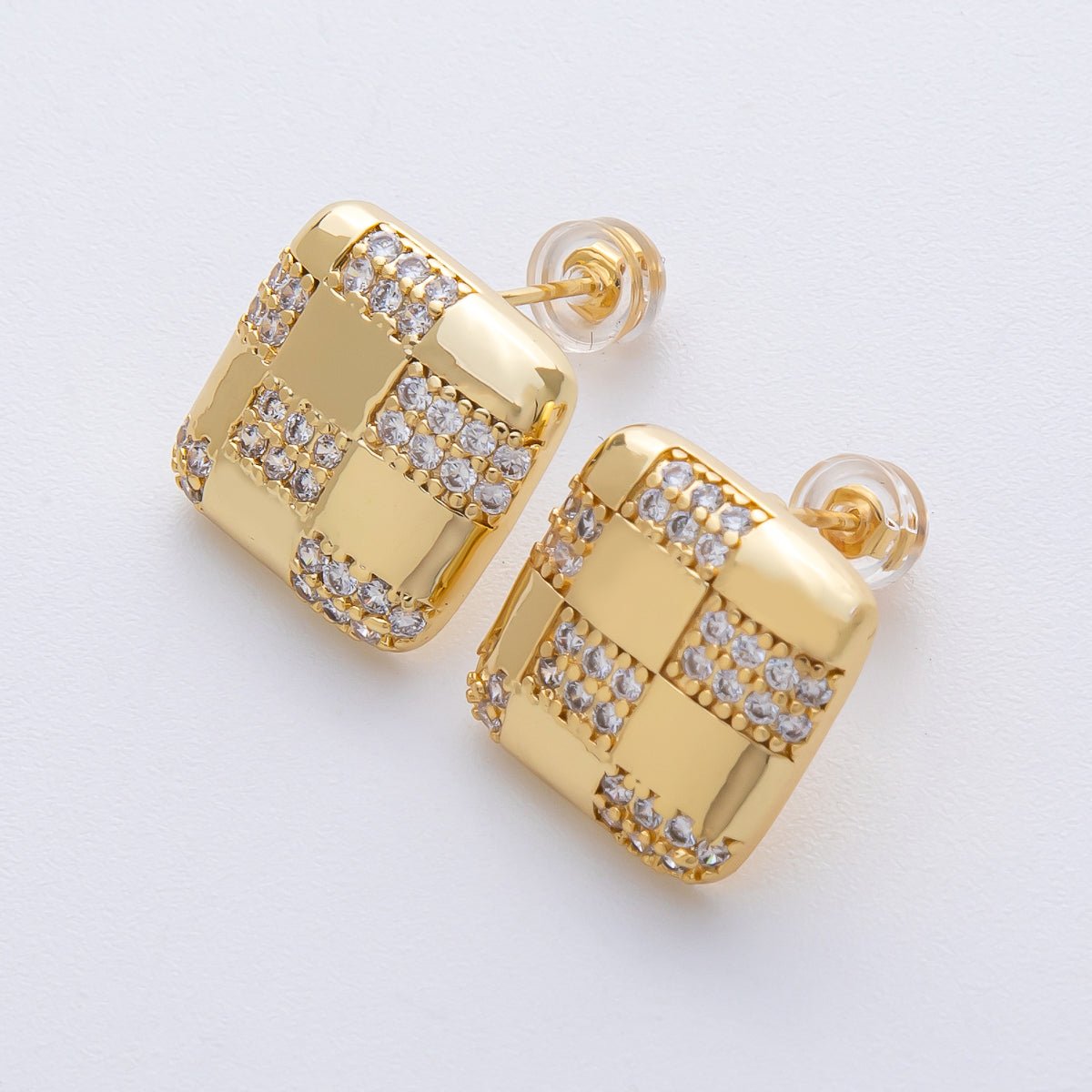 14K Gold Filled 15mm Micro Paved CZ Checkered Square Stud Earrings in Gold &amp; Silver | Earrings-00021 Earrings-00022
