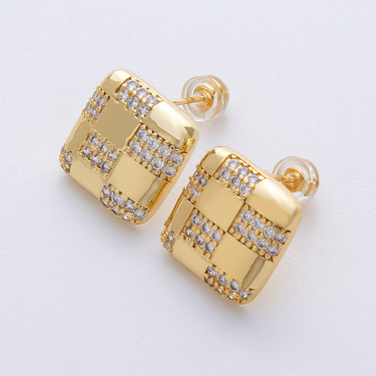 14K Gold Filled 15mm Micro Paved CZ Checkered Square Stud Earrings in Gold &amp; Silver | Earrings-00021 Earrings-00022