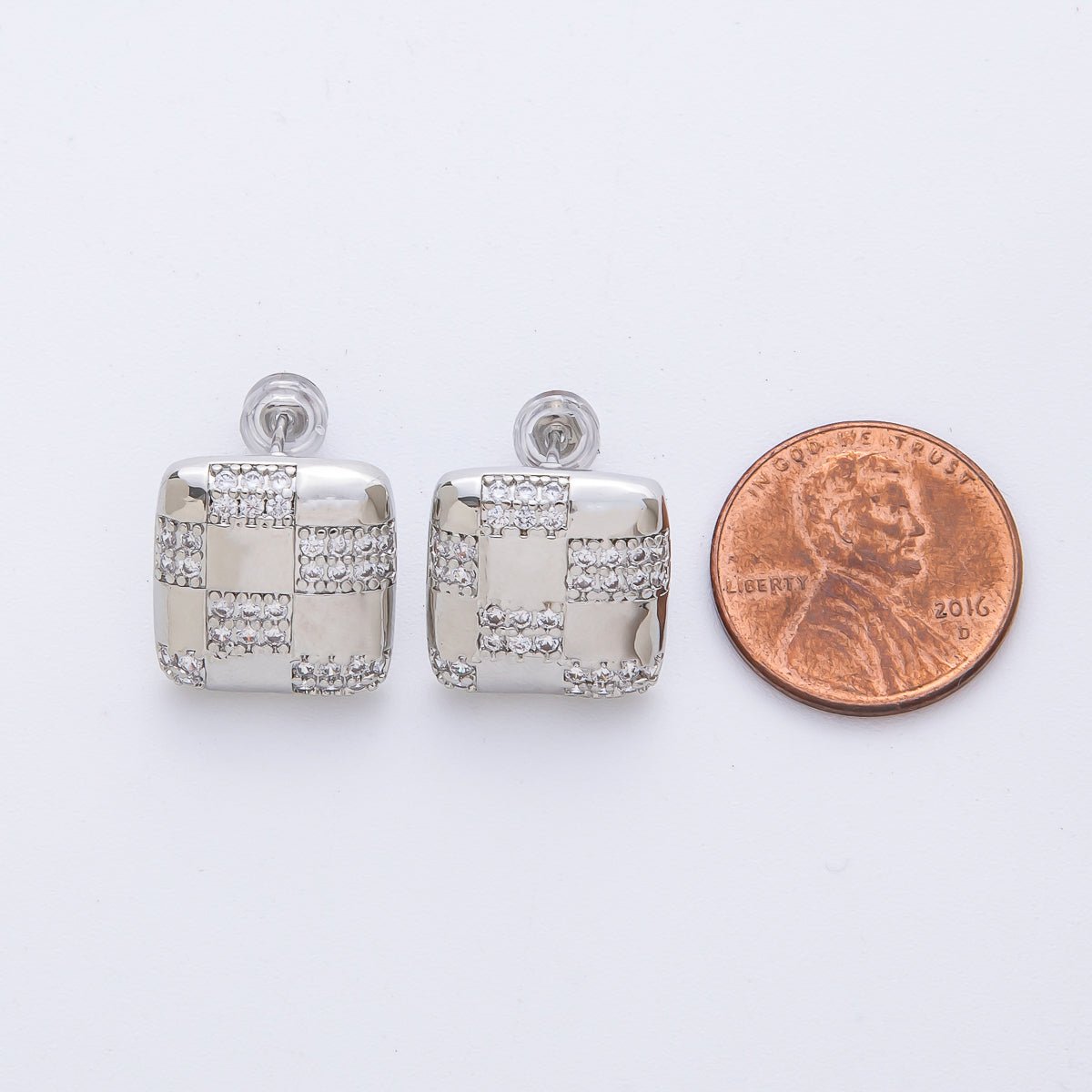 14K Gold Filled 15mm Micro Paved CZ Checkered Square Stud Earrings in Gold &amp; Silver | Earrings-00021 Earrings-00022