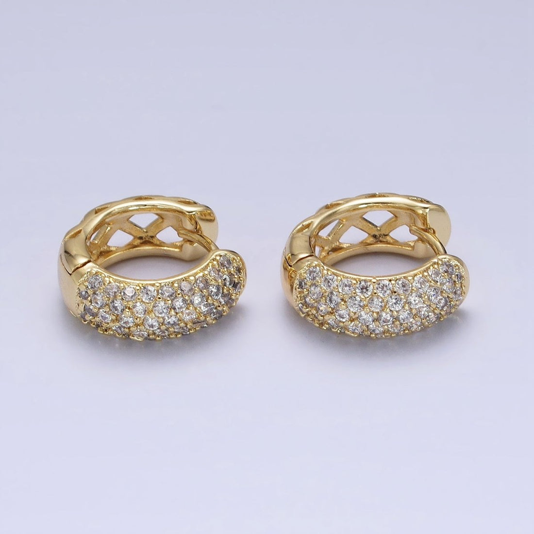 14K Gold Filled 15mm Micro Paved CZ Rhombus Filigree Huggie Earrings | AD1527