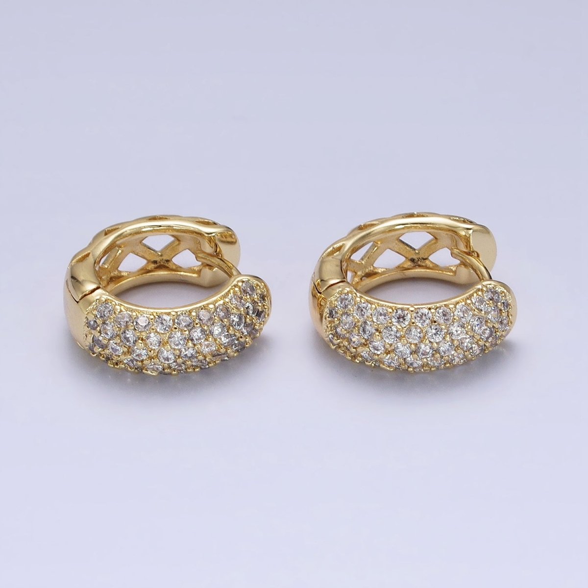 14K Gold Filled 15mm Micro Paved CZ Rhombus Filigree Huggie Earrings | AD1527