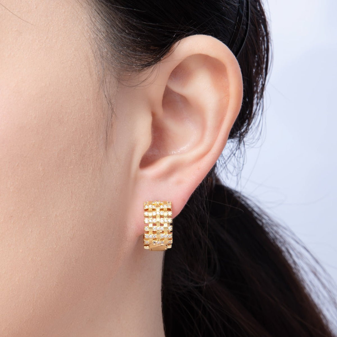 14K Gold Filled 16.5mm Micro Paved CZ Woven Ribbed Huggie Earring in Gold &amp; Silver | EARRINGS-00006-00007
