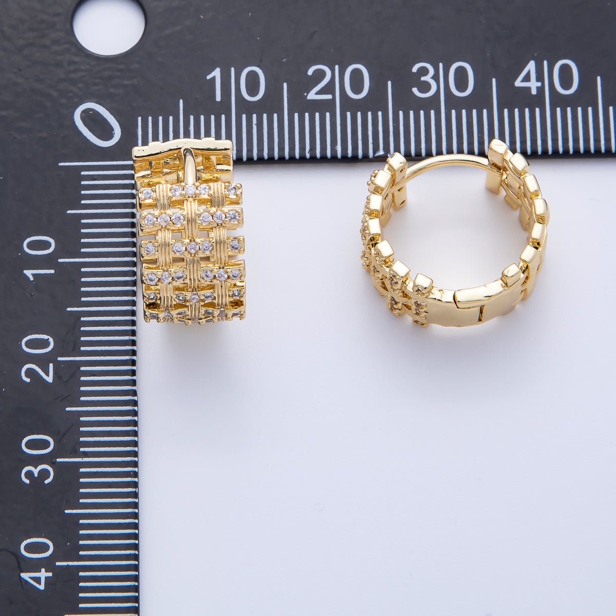 14K Gold Filled 16.5mm Micro Paved CZ Woven Ribbed Huggie Earring in Gold &amp; Silver | EARRINGS-00006-00007