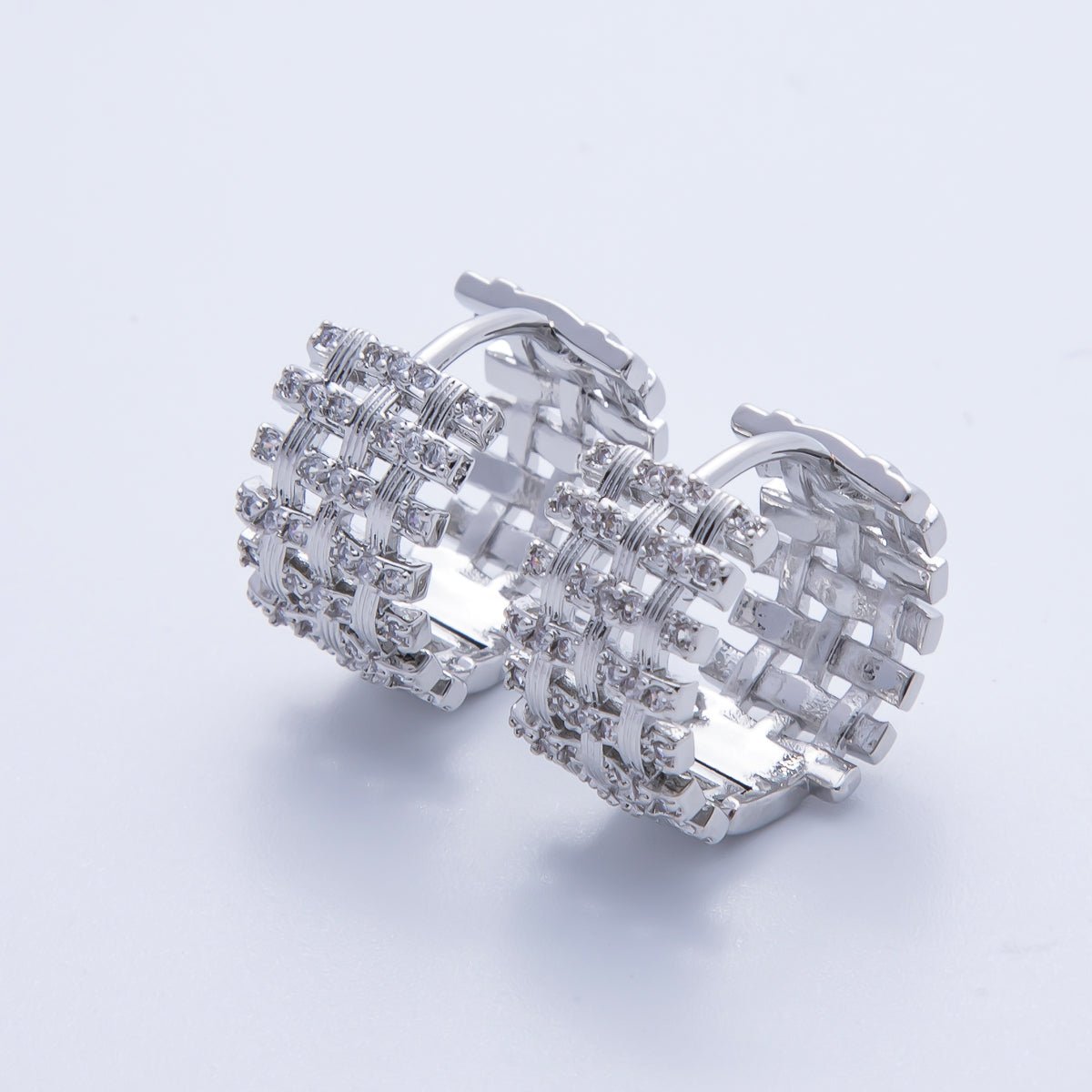 14K Gold Filled 16.5mm Micro Paved CZ Woven Ribbed Huggie Earring in Gold &amp; Silver | EARRINGS-00006-00007