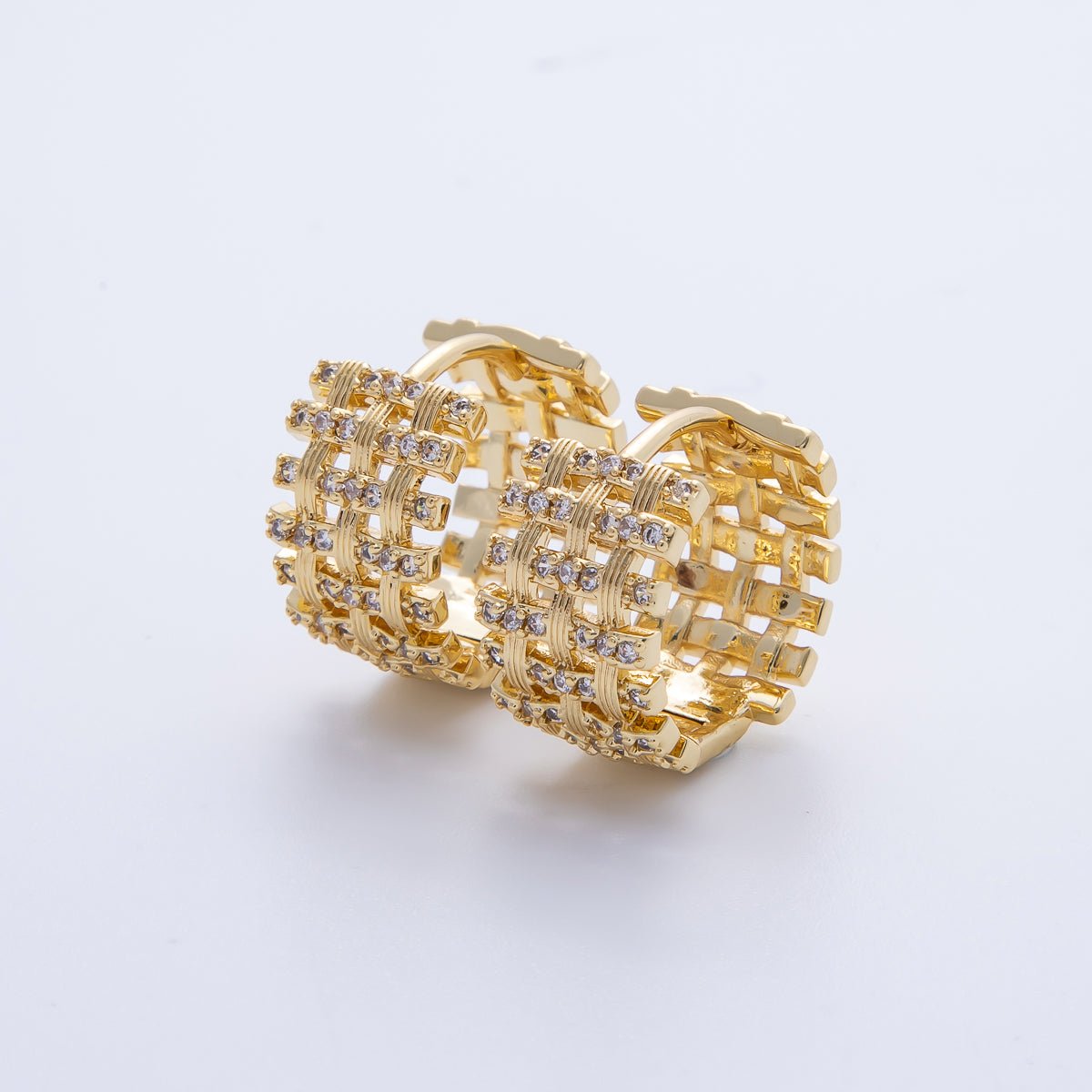 14K Gold Filled 16.5mm Micro Paved CZ Woven Ribbed Huggie Earring in Gold &amp; Silver | EARRINGS-00006-00007