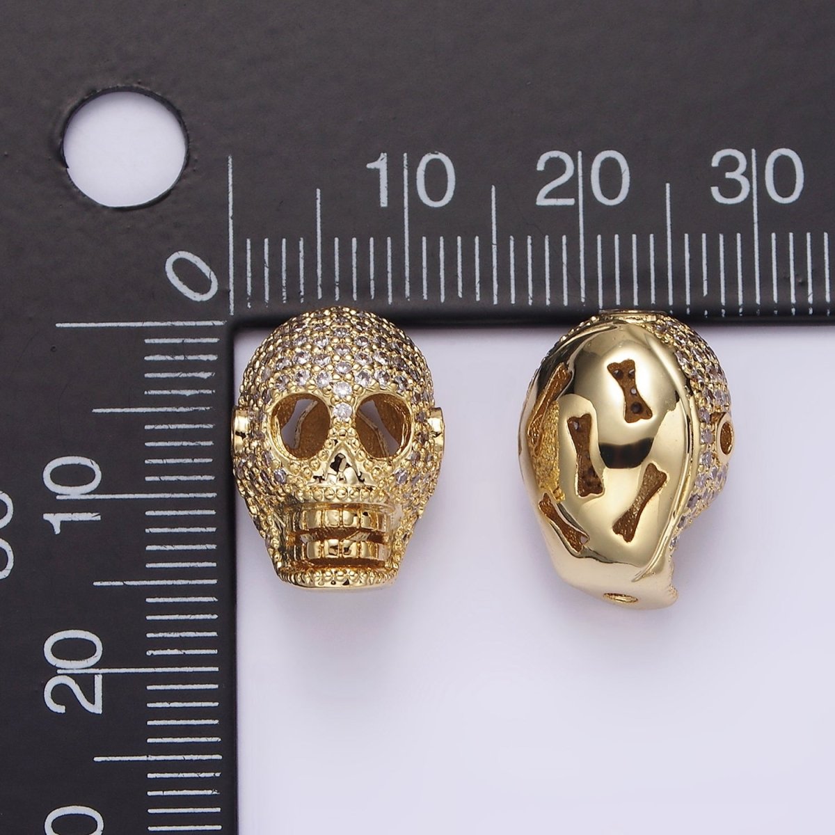14K Gold Filled 16mm Clear Micro Paved CZ Skeleton Skull Mask Bead in Gold &amp; Silver | B-849